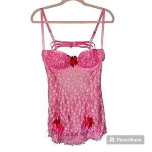 VTG Intimate Attitudes Pink Ruffle Romantic Bow Chemise Romantic Slip Teddy 1X